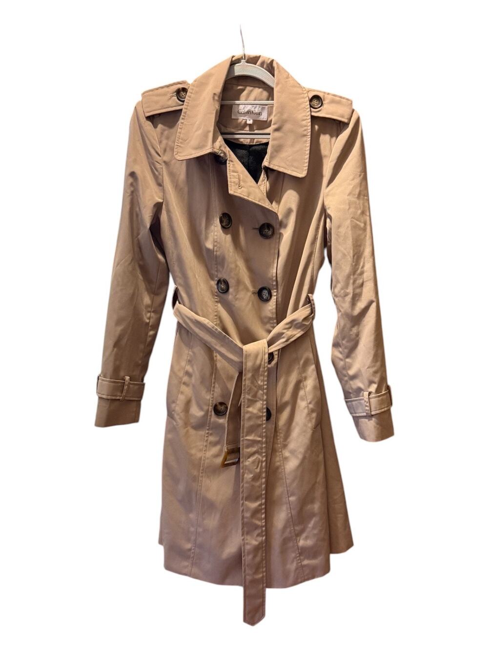 Calvin Klein Trench Coat M Beige Belted Zip Out Liner Double Breasted
